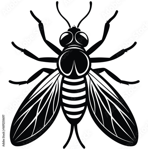 Close-up macro vector illustration of a yellow wasp, a hairy black fly, and a bee with wings on a white background