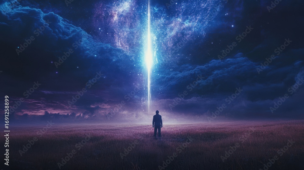 Fototapeta premium A lone figure stands under a stunning cosmic beam in a vast dark space. The stars shimmer as the light cuts through the clouds above.