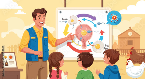 Engaging biology lesson with a teacher explaining fertilization to young students outdoors