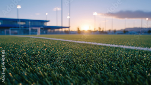 Vibrant green synthetic grass close-up, sun illuminating texture, modern sports complex with soccer goals in gentle blur