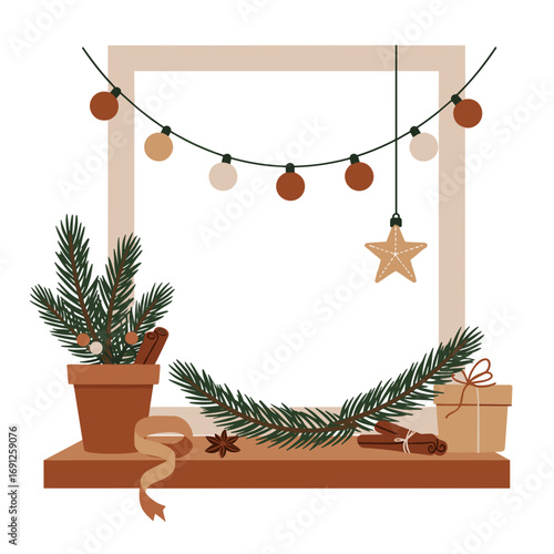Windowsill with Christmas decoration and garland on transparent background