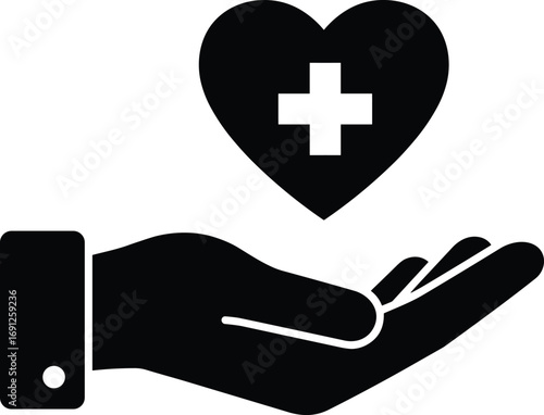 Healthcare and medical care symbol with hand holding heart and medical cross – health support, aid, wellness, care, protection icon