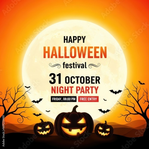 Happy halloween festival night party on october 31st with pumpkins and bats against a full moon
