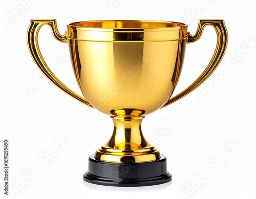 Shiny gold champion cup award for first place winner, a symbol of success and victory, isolated on a clean white background.