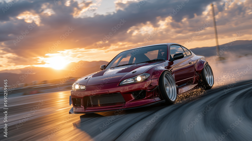 Fototapeta premium Red racing car drifting at high speed on asphalt track, sparks flying from underbody, vibrant sunset casting long shadows, motion blur emphasizing speed