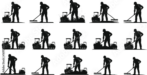 Silhouette of construction worker operating heavy machinery, compacting soil, roadwork, manual labor, industrial work, construction site, safety helmet, outdoor work, equipment, tools.