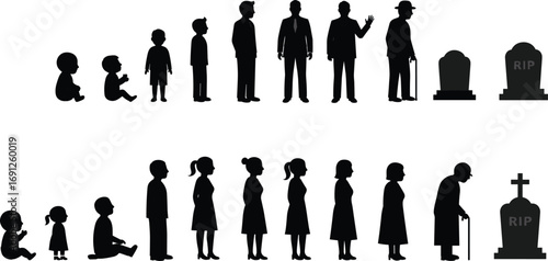 Life stages silhouette from infancy to old age and death – growth, aging, human development, lifespan, generations, mortality, family, time, cycle