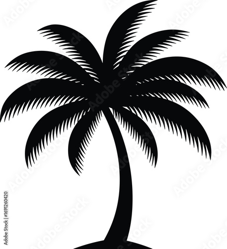 Palm tree silhouette vector, tropical icon for beach design, black coconut tree illustration, exotic nature symbol for summer graphics