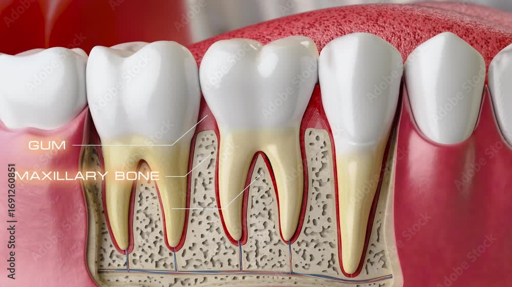 A detailed cross-section model of human teeth with roots and nerves ...