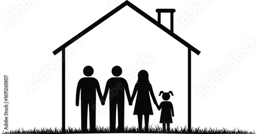 Silhouette family holding hands inside house outline – home, unity, togetherness, safety, love, protection, family concept illustration