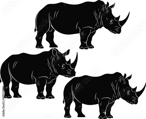 Silhouette illustration of rhinos, wild rhinoceros animals, African wildlife, strong mammals, endangered species, horned animal art vector