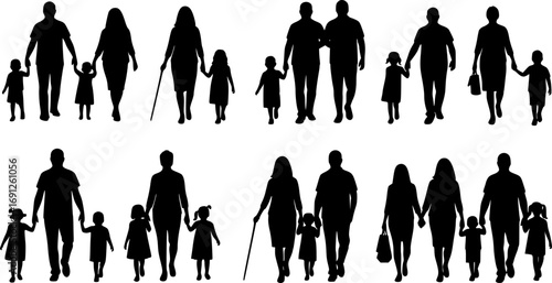 Isolated minimal black family silhouettes. Collection of family silhouettes on isolated background. Vector illustration
