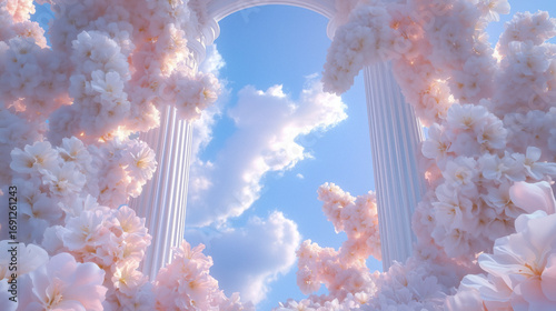 Mythical interpretation of the Ancient Hanging Gardens of Babylon, vibrant blossoms, dreamy pastel sky, soft magical glow, fantastical atmosphere, AI generated
