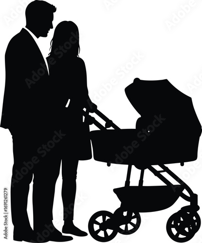 Silhouette of couple with baby stroller – family, parenting, baby care, outdoors, walk, love, togetherness, parenthood, childcare, lifestyle, baby stroller