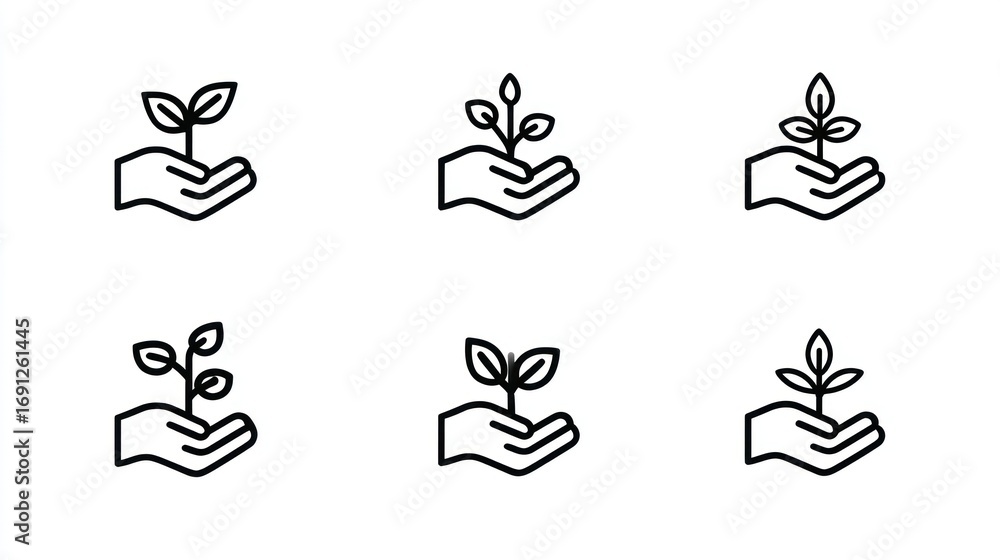 Naklejka premium Six line art hand icons holding a plant seedling, arranged in a two-row grid