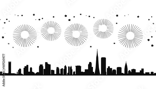 City skyline silhouette with fireworks during New Year celebration  