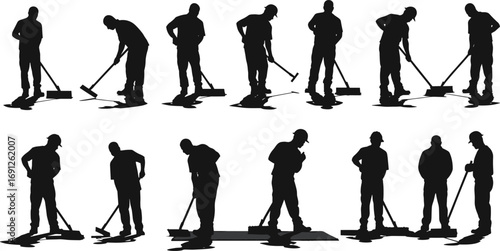 Silhouette of construction workers using screed tools, floor leveling, concrete work, teamwork on site, isolated vector illustration, shadows included.