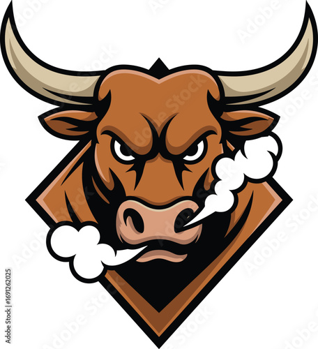 Angry bull head, aggressive mascot, vector illustration, sports logo, powerful animal, steam nostrils, rage, horned beast, fierce expression, bold design