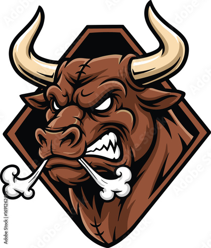 Angry bull mascot, aggressive animal illustration, steam nostrils, sports logo, powerful horns, fierce expression, vector art, cartoon style, branding