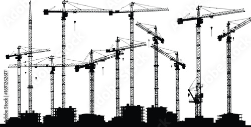 Silhouette of multiple construction cranes and unfinished buildings, urban construction site, heavy machinery, industrial development, architecture, tower cranes, city skyline, infrastructure.