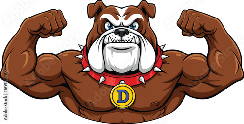 Cartoon bulldog, muscular dog, fierce mascot, flexing biceps, strong animal, red collar, vector illustration, sports symbol, tough character, isolated background