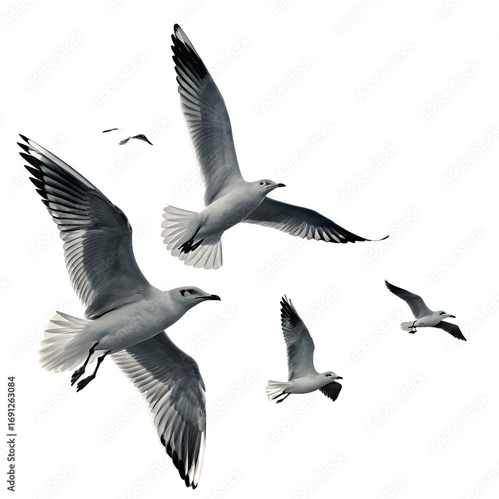 Obraz premium Seagulls soaring high in monochrome sky png birds flying png black and white sky png elegant seagull flight png cloudless sky png nature in grayscale png transparent background image