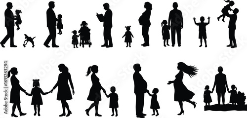 Silhouettes of family interactions with children, parents, and pregnant women – parenting, childcare, and love in family life
