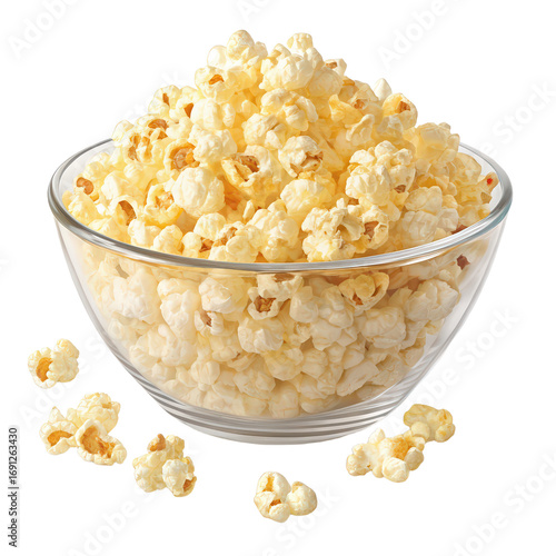 Popcorn in a glass bowl isolated png, close-up popcorn snack image, transparent background popcorn bowl png, crispy popcorn isolated image, glass bowl with popcorn png, movie snack popcorn png