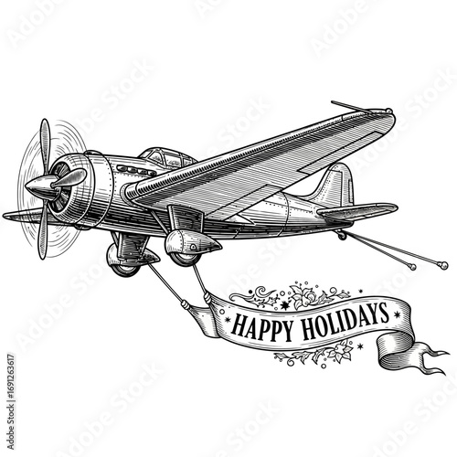 Vintage Airplane with "Happy Holidays" Banner