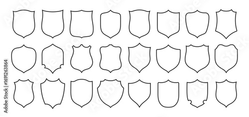 Shield badge icon vector set. Different shape security shield outline sign, military, heraldic shields, coat of arms kit. Protection logo, guard badge or guard symbol for web site design, logo, app