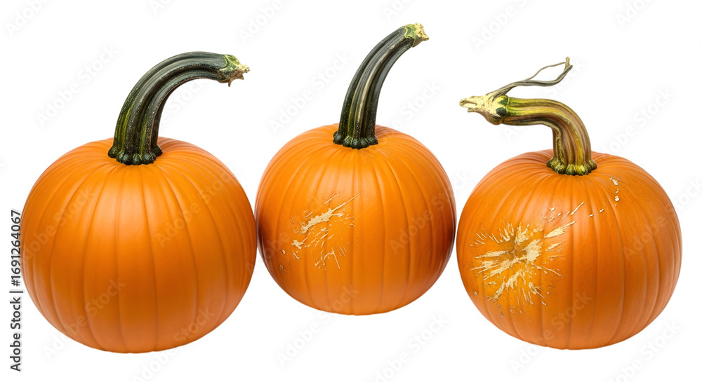Obraz premium Three round, orange pumpkins with textured stems, arranged together and isolated on a clean transparent background for a natural autumn display