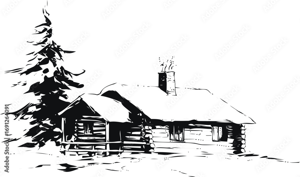 Fototapeta premium Log vector sketch hand drawn in nature, log cabin in forest black — stock vector