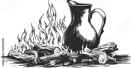 Pitcher vector sketch hand drawn line art, vintage pitcher on burning firewood engraving — stock vector