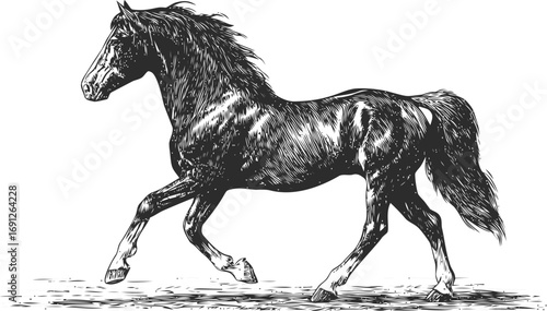 Horse vector hand drawn line art in nature, vintage horse engraving style black — stock vector