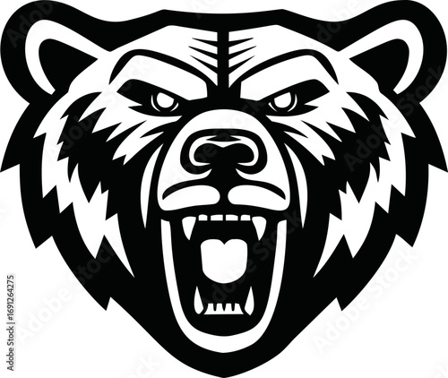 Angry vector hand drawn in sticker, angry grizzly bear mascot head — stock vector