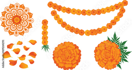 Marigold flower garland and rangoli vector set for Indian festival decoration, traditional celebration, cultural artwork, and floral design use.