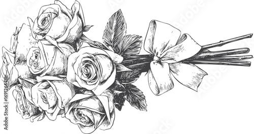 Rose vector sketch hand drawn line art in nature, rose bouquet with ribbon in vintage — stock vector
