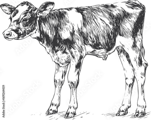 Calf vector sketch hand drawn line art in nature, calf vintage etching style black — stock vector