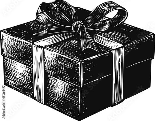 Ribbon vector sketch hand drawn line art in outline, vintage gift box with ribbon engraving — stock vector