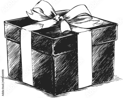 Ribbon vector sketch hand drawn line art in outline, gift box with ribbon style — stock vector