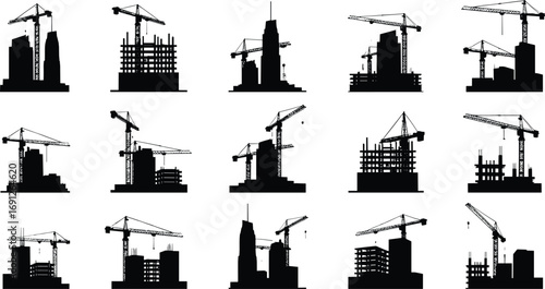 Silhouettes of construction cranes working on high-rise buildings, urban development, construction site, architecture, city skyline, industrial progress, building structures, heavy machinery.