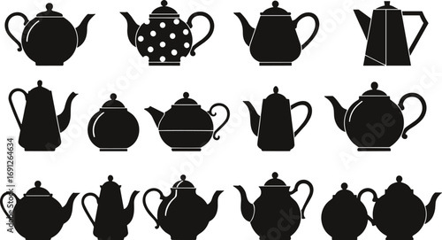 Silhouettes of various classic and modern teapots, showcasing different shapes, styles, spouts, handles, lids, and designs in black