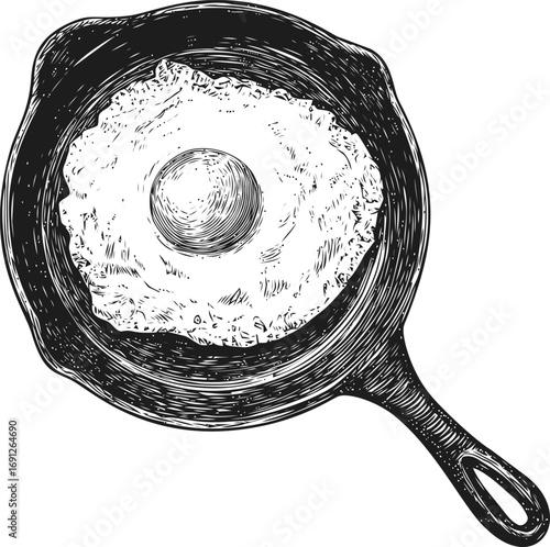 Fried vector sketch hand drawn line art in restaurant, fried egg in skillet vintage engraving — stock vector