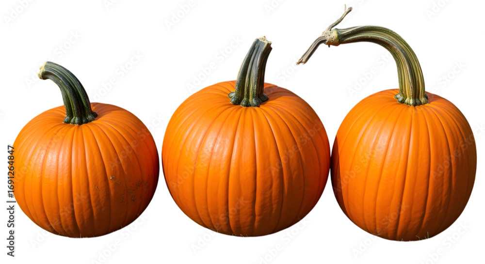 Obraz premium Three orange pumpkins with green stems of varying sizes, isolated on transparent background