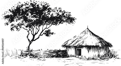 Rural vector sketch hand drawn line art in nature, rural hut and tree in black — stock vector