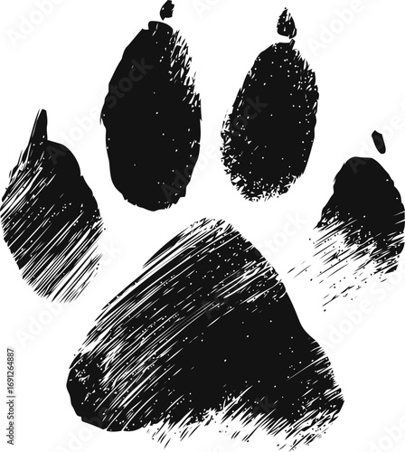 Dog vector hand drawn line art on icon, dog paw print grunge with textured — stock vector