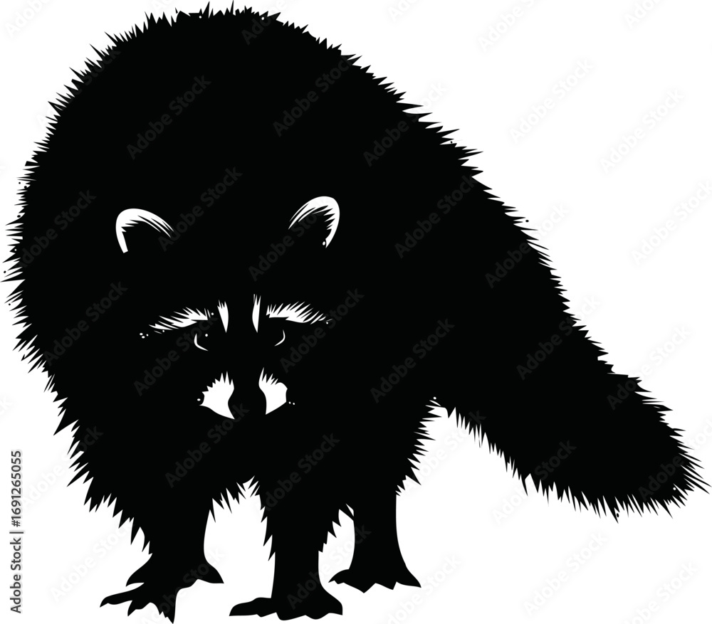 Obraz premium Raccoon vector hand drawn line art in nature, raccoon silhouette with detailed fur — stock vector