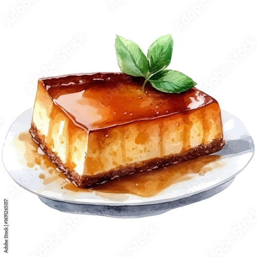 Caramel Flan, watercolor clipart vector, isolated on a white background.