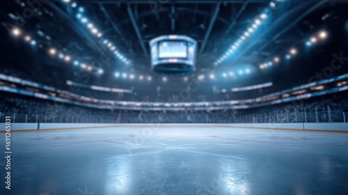 Blurred hockey arena with ice, stadium seating, and bright lights overhead