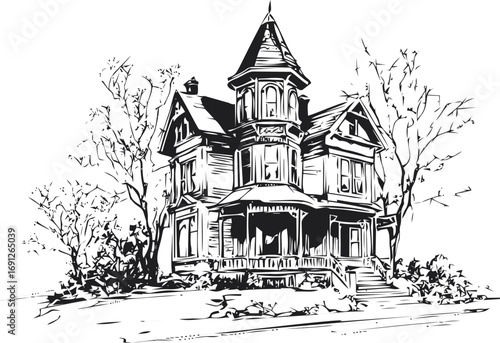 Victorian vector sketch hand drawn line art on icon, victorian house black and white — stock vector